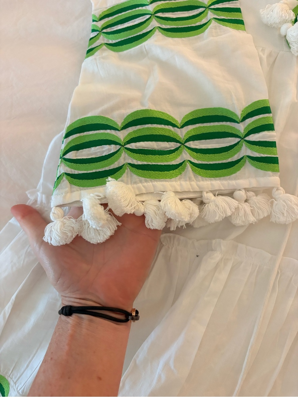 White beach vacation Dress with Green Trim - Picture 3 of 4